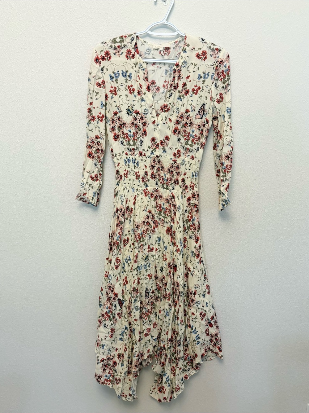 Maje Floral Midi Dress Handkerchief Asymmetrical Hem Smocked Waist Classy Sz 2